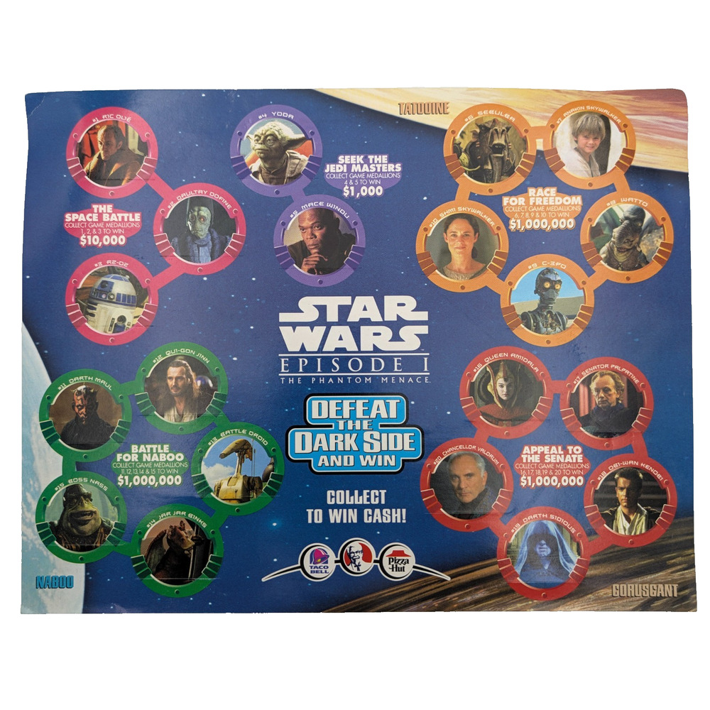 VTG 1999 Star Wars Episode 1 Defeat The Dark Side Game Sheet Taco Bell Promo